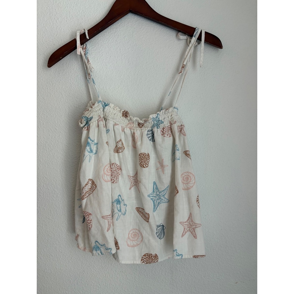 Loft Petites Seashell Starfish Print Smocked Tie Strap Cami Top White SP